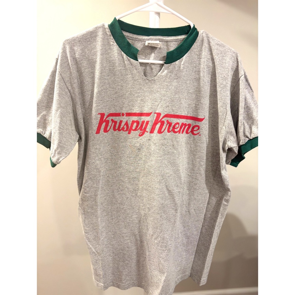Vintage 90s Krispy Kreme Doughnuts Ringer TShirt Anvil Grey Green Neck VSplit